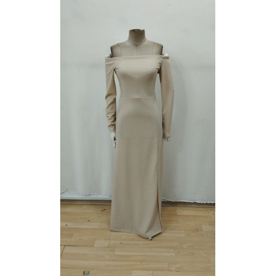 Kadın Uzun Kollu Madonna Yakalı Yırtmaç Detaylı Uzun Ithal Krep Elbise, 30808