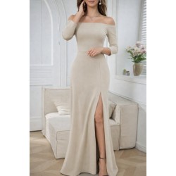 Kadın Uzun Kollu Madonna Yakalı Yırtmaç Detaylı Uzun Ithal Krep Elbise, 30808