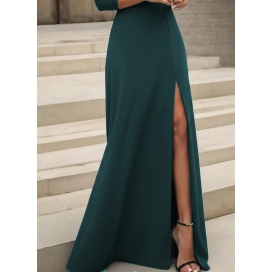 Kadın Uzun Kollu Madonna Yakalı Yırtmaç Detaylı Uzun Ithal Krep Elbise, 30807