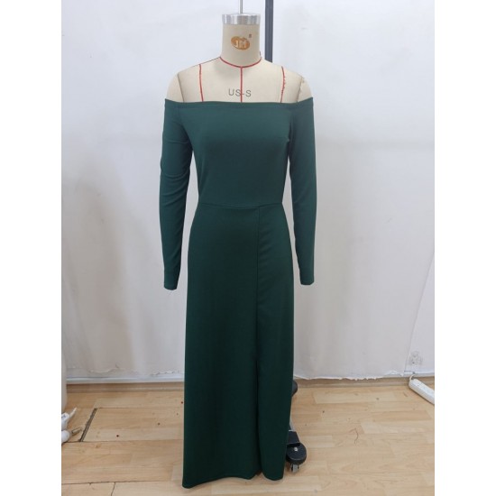 Kadın Uzun Kollu Madonna Yakalı Yırtmaç Detaylı Uzun Ithal Krep Elbise, 30807