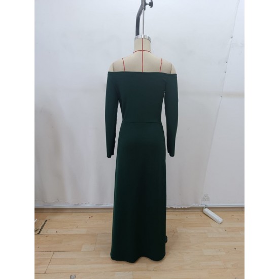 Kadın Uzun Kollu Madonna Yakalı Yırtmaç Detaylı Uzun Ithal Krep Elbise, 30807