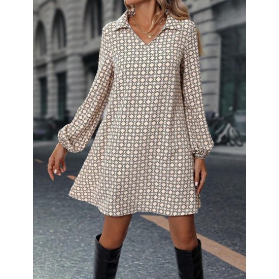 Kadın Uzun Kollu Yakalı Desenli Mini Modal Elbise , 30806