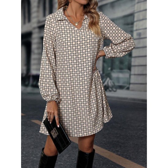 Kadın Uzun Kollu Yakalı Desenli Mini Modal Elbise , 30806