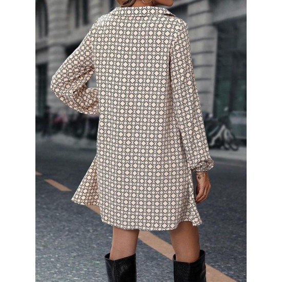 Kadın Uzun Kollu Yakalı Desenli Mini Modal Elbise , 30806