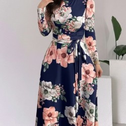 Kadın Uzun Kollu Yuvarlak Yakalı Beli Kuşaklı Desenli Süprem Uzun Elbise , 30805