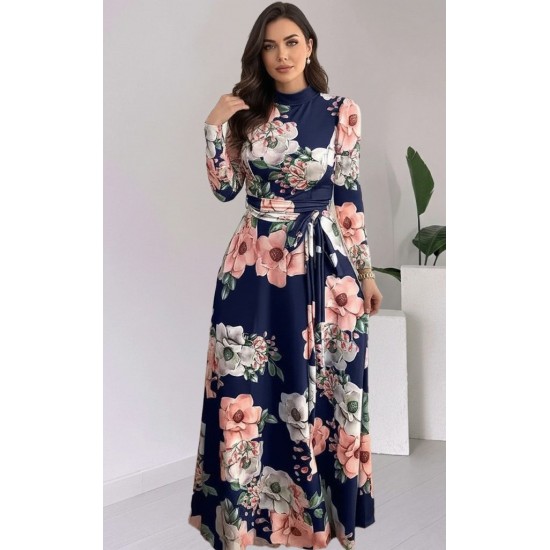 Kadın Uzun Kollu Yuvarlak Yakalı Beli Kuşaklı Desenli Süprem Uzun Elbise , 30805