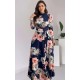 Kadın Uzun Kollu Yuvarlak Yakalı Beli Kuşaklı Desenli Süprem Uzun Elbise , 30805
