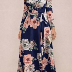 Kadın Uzun Kollu Yuvarlak Yakalı Beli Kuşaklı Desenli Süprem Uzun Elbise , 30805