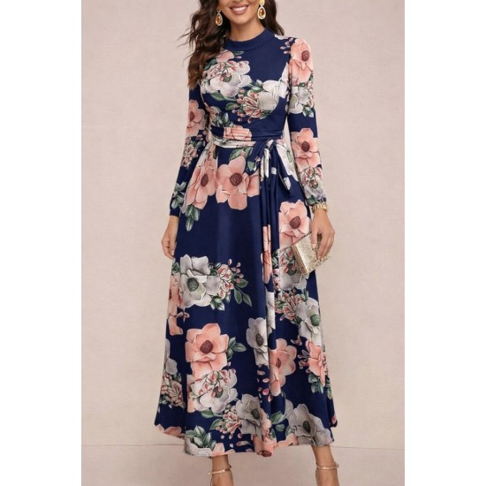 Kadın Uzun Kollu Yuvarlak Yakalı Beli Kuşaklı Desenli Süprem Uzun Elbise , 30805