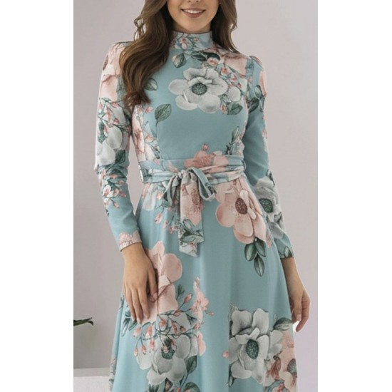Kadın Uzun Kollu Yuvarlak Yakalı Beli Kuşaklı Desenli Süprem Uzun Elbise , 30804