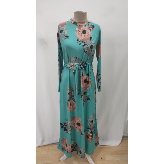 Kadın Uzun Kollu Yuvarlak Yakalı Beli Kuşaklı Desenli Süprem Uzun Elbise , 30804