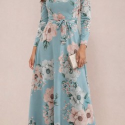 Kadın Uzun Kollu Yuvarlak Yakalı Beli Kuşaklı Desenli Süprem Uzun Elbise , 30804