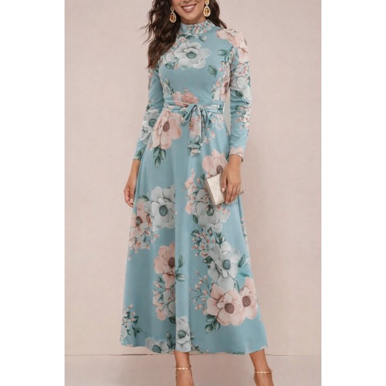 Kadın Uzun Kollu Yuvarlak Yakalı Beli Kuşaklı Desenli Süprem Uzun Elbise , 30804