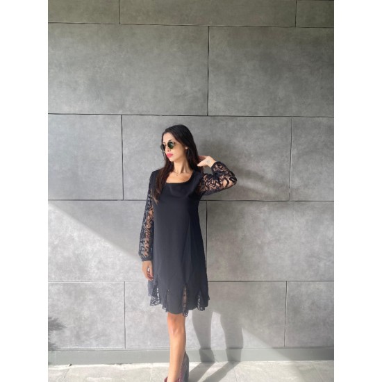 Kadın Uzun Kollu Yuvarlak Yaka Kol Ve Etek Ucu Dantelli Kısa Ithal Krep Elbise , 30803