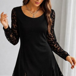 Kadın Uzun Kollu Yuvarlak Yaka Kol Ve Etek Ucu Dantelli Kısa Ithal Krep Elbise , 30803