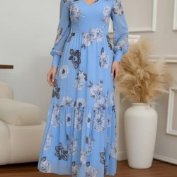 Kadın Uzun Kollu V Yakalı çiçek Desenli Maxi Süprem Elbise , 30802