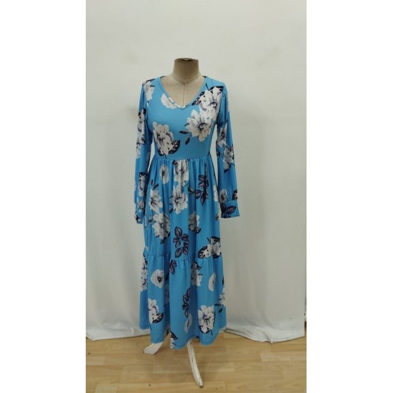 Kadın Uzun Kollu V Yakalı çiçek Desenli Maxi Süprem Elbise , 30802 Kadın Uzun Kollu V Yakalı çiçek Desenli Maxi Süprem Elbise , 30802