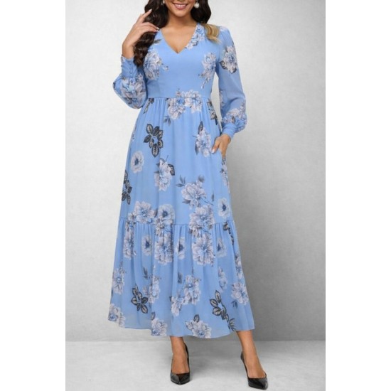 Kadın Uzun Kollu V Yakalı çiçek Desenli Maxi Süprem Elbise , 30802 Kadın Uzun Kollu V Yakalı çiçek Desenli Maxi Süprem Elbise , 30802