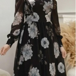 Kadın Uzun Kollu V Yakalı çiçek Desenli Maxi Süprem Elbise , 30801