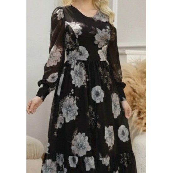 Kadın Uzun Kollu V Yakalı çiçek Desenli Maxi Süprem Elbise , 30801