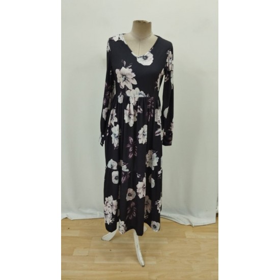 Kadın Uzun Kollu V Yakalı çiçek Desenli Maxi Süprem Elbise , 30801