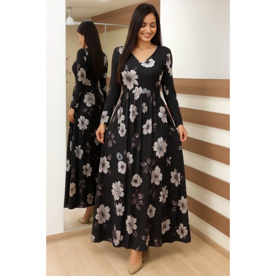 Kadın Uzun Kollu V Yakalı çiçek Desenli Maxi Süprem Elbise , 30801