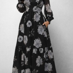 Kadın Uzun Kollu V Yakalı çiçek Desenli Maxi Süprem Elbise , 30801