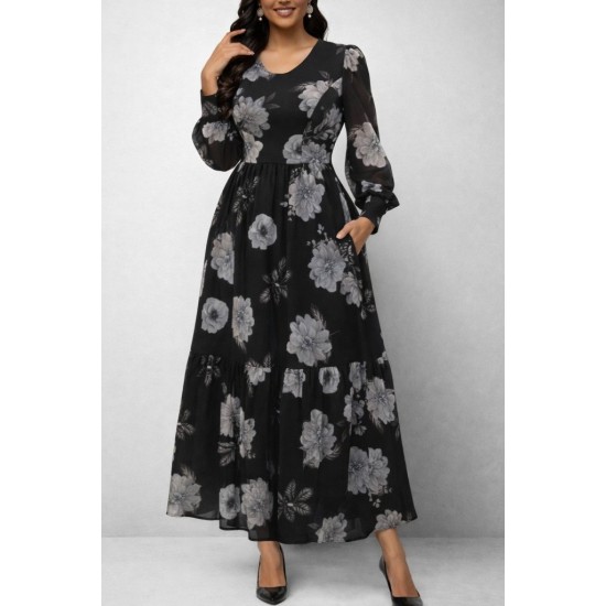 Kadın Uzun Kollu V Yakalı çiçek Desenli Maxi Süprem Elbise , 30801