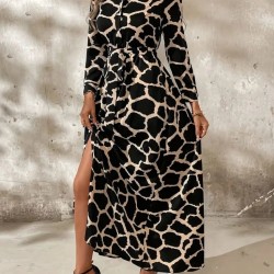 Kadın Uzun Kollu Yakalı önü Düğmeli Desenli Belden Kuşaklı Uzun Süprem Elbise, 30800