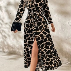 Kadın Uzun Kollu Yakalı önü Düğmeli Desenli Belden Kuşaklı Uzun Süprem Elbise, 30800