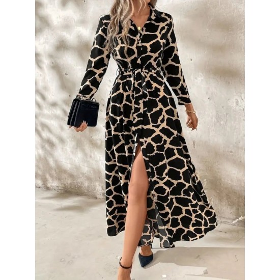 Kadın Uzun Kollu Yakalı önü Düğmeli Desenli Belden Kuşaklı Uzun Süprem Elbise, 30800