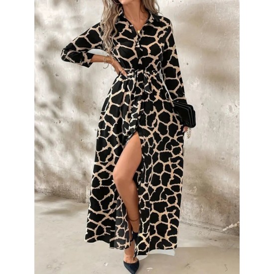 Kadın Uzun Kollu Yakalı önü Düğmeli Desenli Belden Kuşaklı Uzun Süprem Elbise, 30800