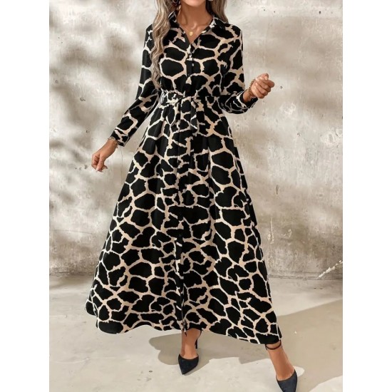 Kadın Uzun Kollu Yakalı önü Düğmeli Desenli Belden Kuşaklı Uzun Süprem Elbise, 30800