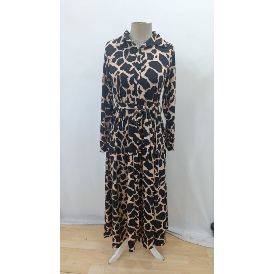 Kadın Uzun Kollu Yakalı önü Düğmeli Desenli Belden Kuşaklı Uzun Süprem Elbise, 30800