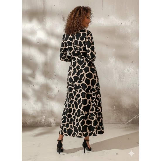 Kadın Uzun Kollu Yakalı önü Düğmeli Desenli Belden Kuşaklı Uzun Süprem Elbise, 30800