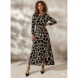 Kadın Uzun Kollu Yakalı önü Düğmeli Desenli Belden Kuşaklı Uzun Süprem Elbise, 30800