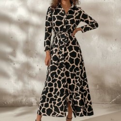 Kadın Uzun Kollu Yakalı önü Düğmeli Desenli Belden Kuşaklı Uzun Süprem Elbise, 30800 Kadın Uzun Kollu Yakalı önü Düğmeli Desenli Belden Kuşaklı Uzun Süprem Elbise, 30800