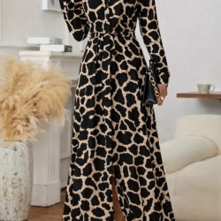 Kadın Uzun Kollu Yakalı önü Düğmeli Desenli Belden Kuşaklı Uzun Süprem Elbise, 30800