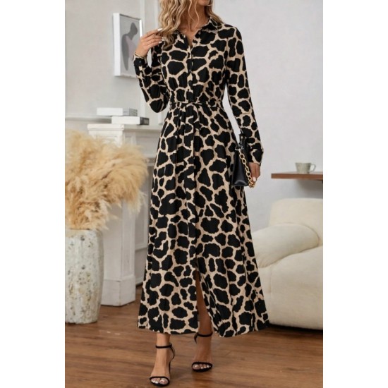 Kadın Uzun Kollu Yakalı önü Düğmeli Desenli Belden Kuşaklı Uzun Süprem Elbise, 30800