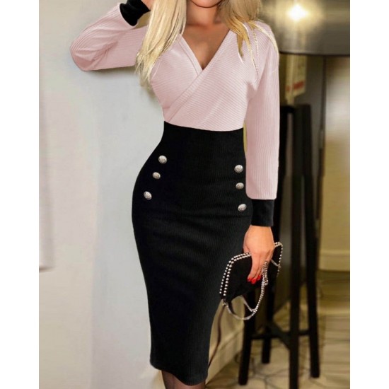 Kadın Uzun Kollu Kruvaze Yakalı Düğme Blok Desenli Kaşkorse Elbise, 30799