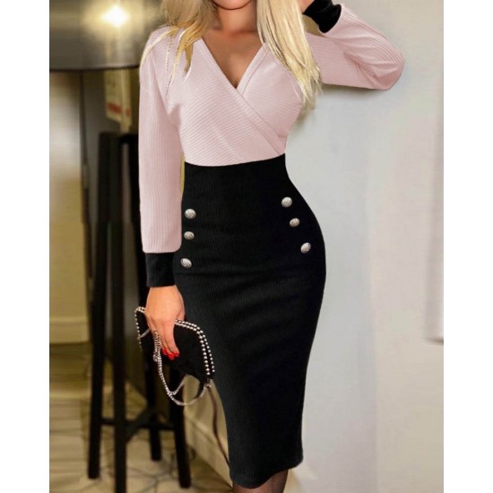 Kadın Uzun Kollu Kruvaze Yakalı Düğme Blok Desenli Kaşkorse Elbise, 30799