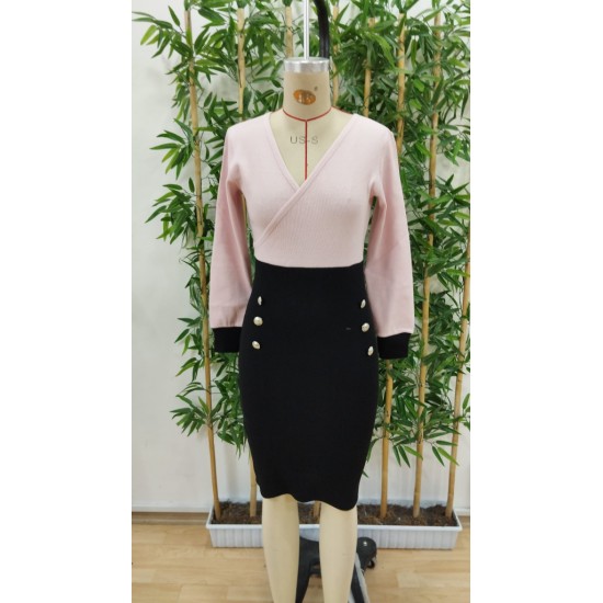 Kadın Uzun Kollu Kruvaze Yakalı Düğme Blok Desenli Kaşkorse Elbise, 30799