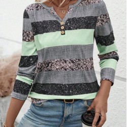 Kadın Uzun Kollu Yakadan Düğmeli çizgili Desenli Süprem Bluz , 30797