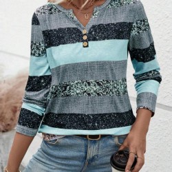 Kadın Uzun Kollu Yakadan Düğmeli çizgili Desenli Süprem Bluz , 30796