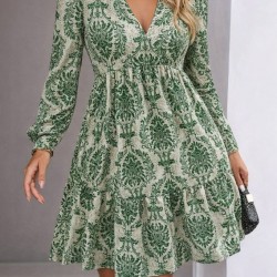 Kadın Uzun Kollu V Yakalı Fırfırlı Mini Süprem Elbise , 30793