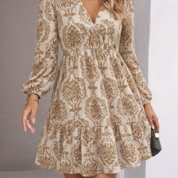 Kadın Uzun Kollu V Yakalı Fırfırlı Mini Süprem Elbise , 30792