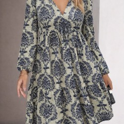 Kadın Uzun Kollu V Yakalı Fırfırlı Mini Süprem Elbise , 30791