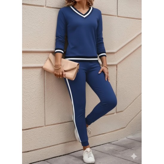 Kadın Uzun Kollu V Yakalı Ribanalı Viskon Iki Iplik Bluz Ve Pantolon Ikili Takım, 30790