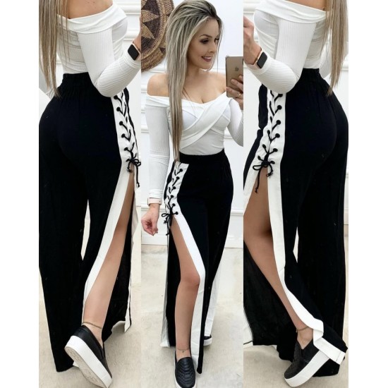 Kadın Yüksek Bel Yandan çapraz Bağcıklı Yırtmaçlı Viskon Iki Iplik Pantolon , 30786