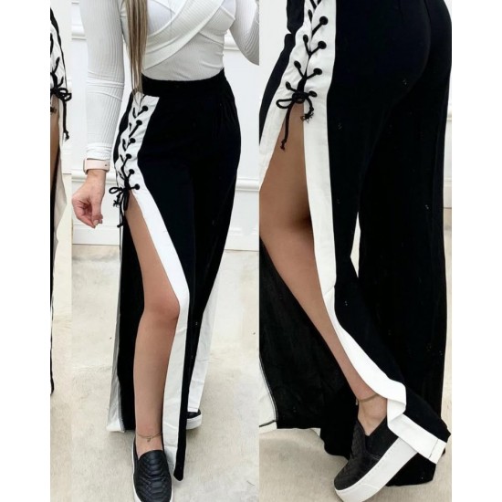 Kadın Yüksek Bel Yandan çapraz Bağcıklı Yırtmaçlı Viskon Iki Iplik Pantolon , 30786